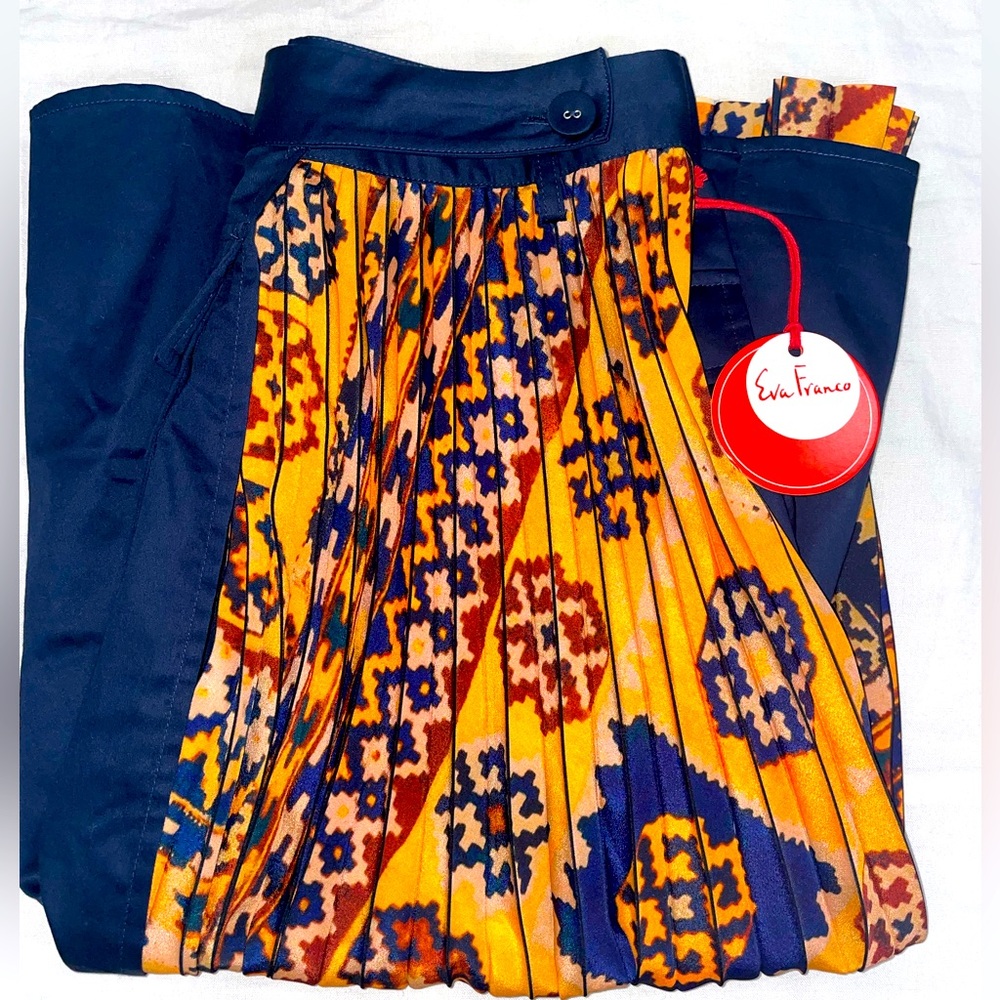 Eva Franco NWT Pleated Midi Skirt – Geometric Print Statement Piece Size M
